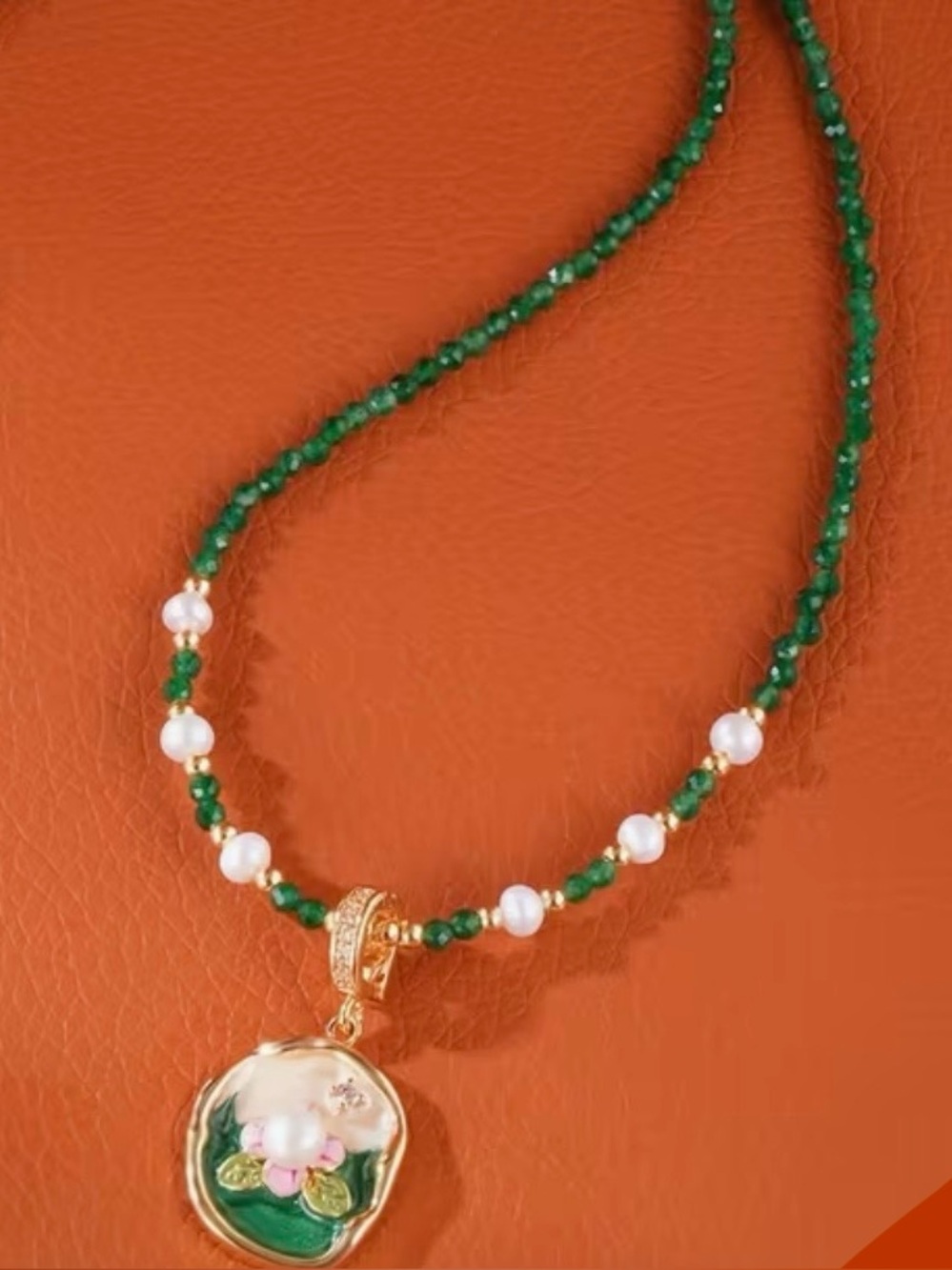 Gold Pendant Necklace with Green Beads and Freshwater Pearls